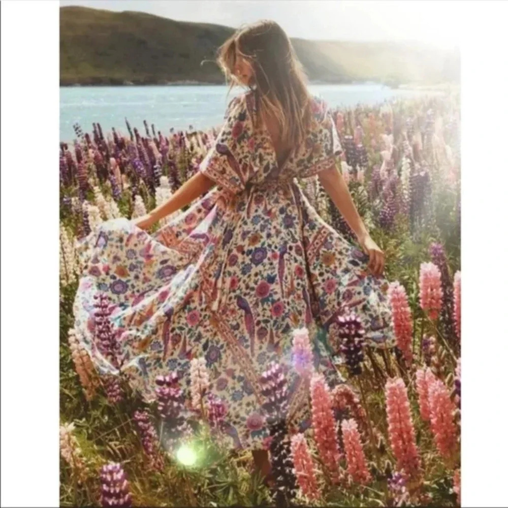 Boho Floral Maxi Dress — Drawstring Waist | Flowy Cotton Summer Dress